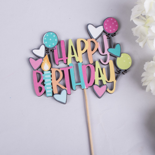 Топер для торту дерев'яний "Happy Birthday кольорові букви,свічка" 262-5 фото