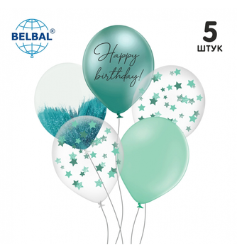 Набір латексних куль ТМ Sharoff (Happy Birthday, хром, аквамарин, без обкладинки) (5 шт/уп) 19-021 фото