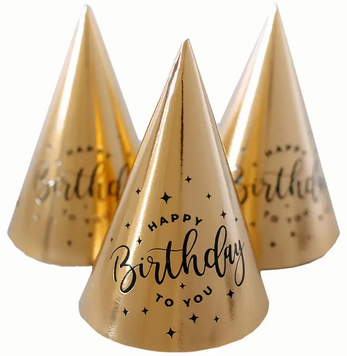 Святковий ковпак Хром "Happy Birthday Золото ЧОРНЕ тиснення" (10 шт/уп) 6821 фото