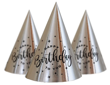 Святковий ковпак Хром "Happy Birthday Срібло ЧОРНЕ тиснення" (10 шт/уп) 6820 фото