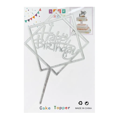 Топпер для торта серебро "Happy Birthday ромб",15*10 см top27-9s фото