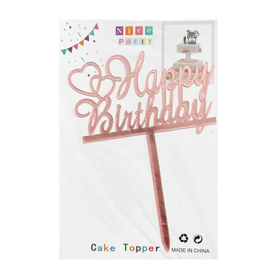 Топпер для торта розовое золото "Happy Birthday сердечки",15*10 см top27-7p фото