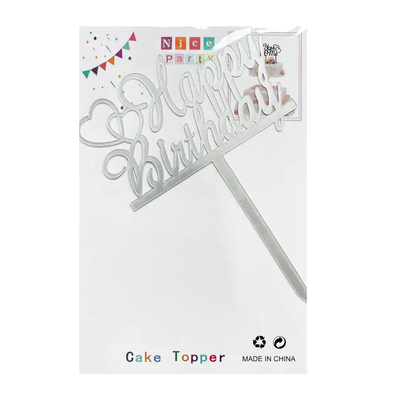 Топпер для торта серебро "Happy Birthday сердечки",15*10 см top27-7s фото