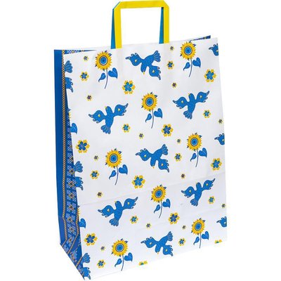 Подарочный пакет "Украинские сине-желтые цветы КРАФТ белый" 32х15х42 см (1 штука) GB324215-37 фото
