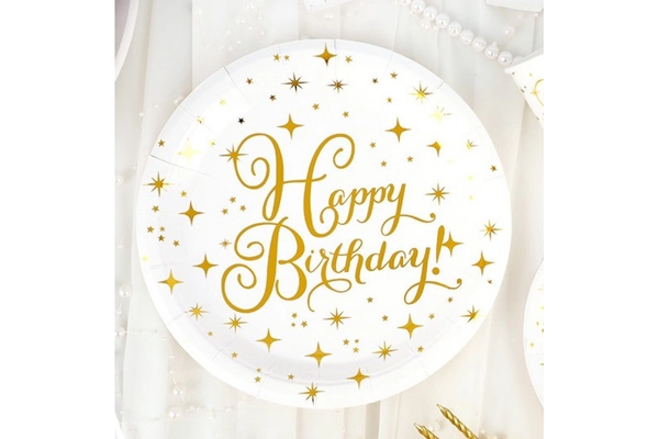 Тарілки "Happy Birthday золото на білому" (23 см)(10шт-уп) 15000 фото