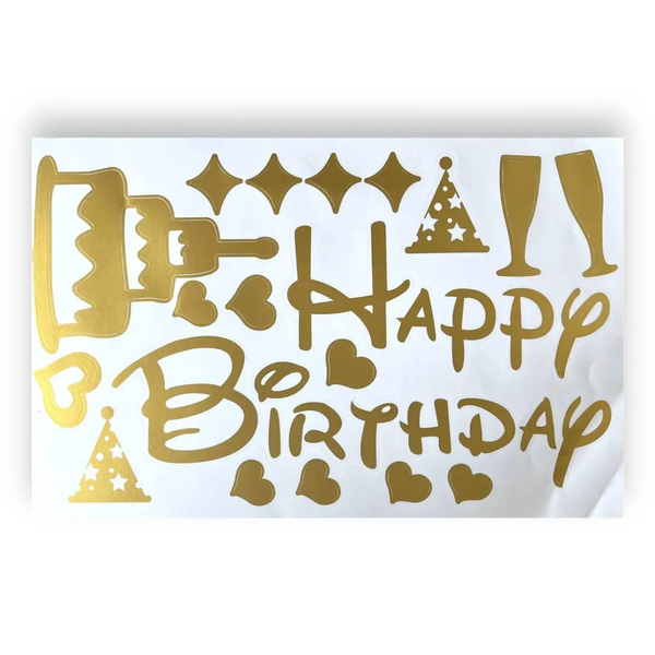 Наклейки БОЛЬШИЕ САТИН "Happy Birthday торт, колпак, бокал золото" (на коробку або шарик) BBC015 фото