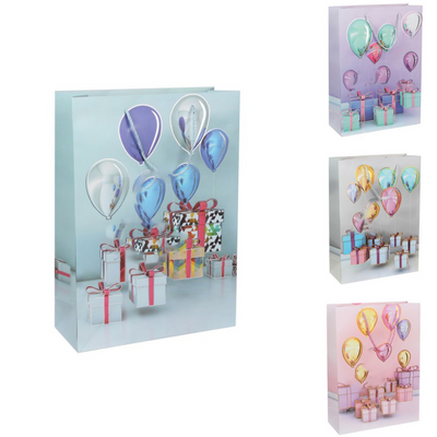 Подарочный пакет МАЛЕНЬКИЙ "Подарки,шарики,розовый,голубой,фиолетовый" микс 18х23х10см 3123-2830 фото